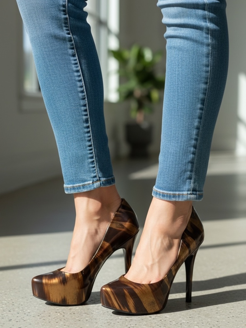 Jessica Simpson brown and gold tiger-striped or marbled platform high heel pumps